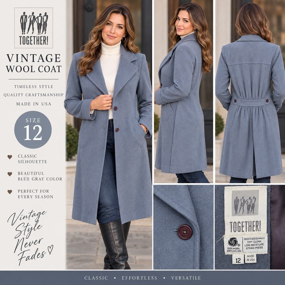 Vintage Together Womens Wool Blend Trench Coat Blue Gray Long Single Breasted 12